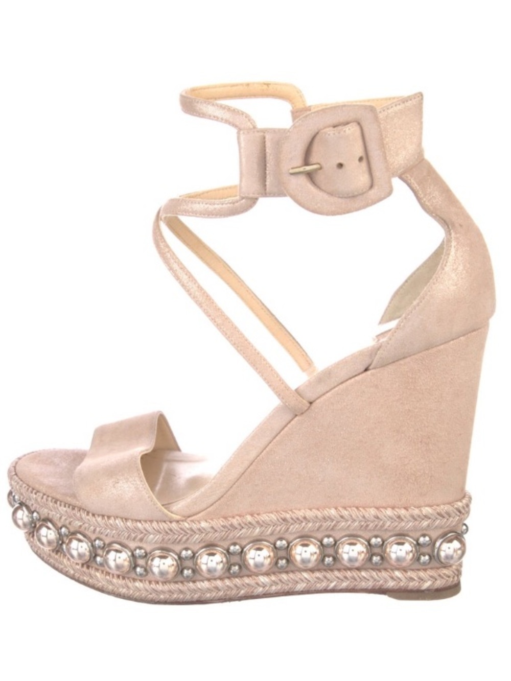Christian Louboutin pink tan suede studded Espadrille Wedge Sandal 37